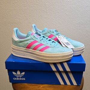 NIB, Adidas Gazelle Shoes, Aqua/Pink/White, Womens Size 8